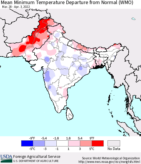 Southern Asia Mean Minimum Temperature Departure from Normal (WMO) Thematic Map For 3/28/2022 - 4/3/2022