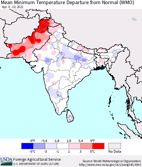 Southern Asia Mean Minimum Temperature Departure from Normal (WMO) Thematic Map For 4/4/2022 - 4/10/2022