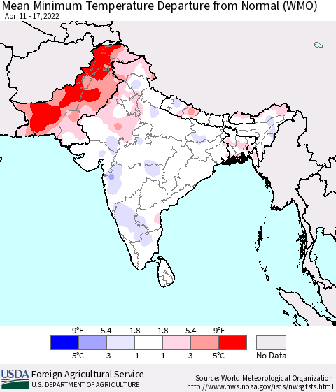Southern Asia Mean Minimum Temperature Departure from Normal (WMO) Thematic Map For 4/11/2022 - 4/17/2022