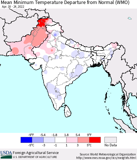 Southern Asia Mean Minimum Temperature Departure from Normal (WMO) Thematic Map For 4/18/2022 - 4/24/2022