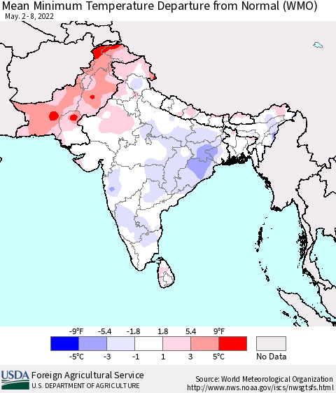 Southern Asia Mean Minimum Temperature Departure from Normal (WMO) Thematic Map For 5/2/2022 - 5/8/2022