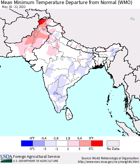 Southern Asia Minimum Temperature Departure From Normal (WMO) Thematic Map For 5/16/2022 - 5/22/2022