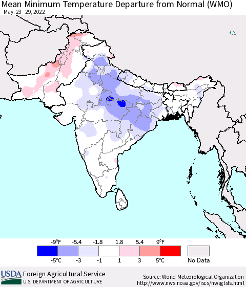 Southern Asia Minimum Temperature Departure From Normal (WMO) Thematic Map For 5/23/2022 - 5/29/2022