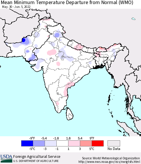 Southern Asia Mean Minimum Temperature Departure from Normal (WMO) Thematic Map For 5/30/2022 - 6/5/2022