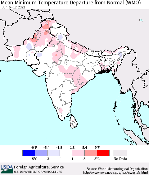 Southern Asia Minimum Temperature Departure From Normal (WMO) Thematic Map For 6/6/2022 - 6/12/2022