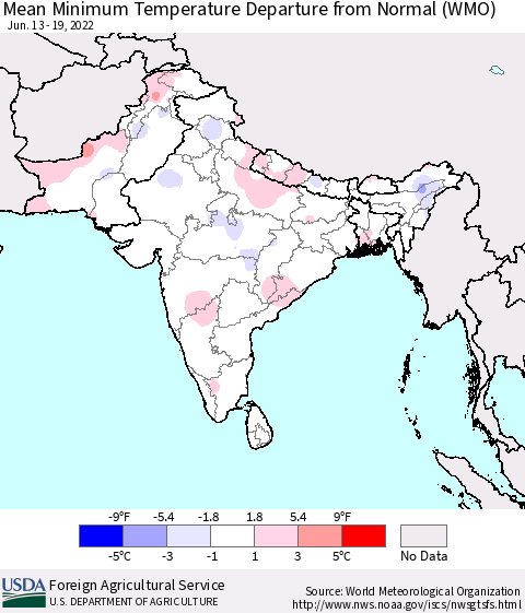 Southern Asia Mean Minimum Temperature Departure from Normal (WMO) Thematic Map For 6/13/2022 - 6/19/2022