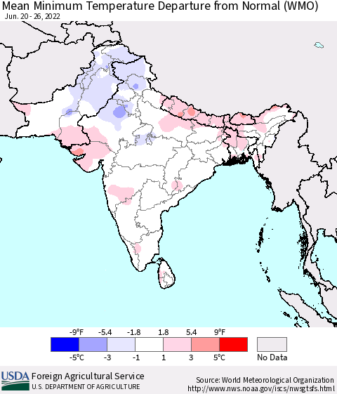 Southern Asia Mean Minimum Temperature Departure from Normal (WMO) Thematic Map For 6/20/2022 - 6/26/2022