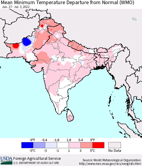 Southern Asia Mean Minimum Temperature Departure from Normal (WMO) Thematic Map For 6/27/2022 - 7/3/2022