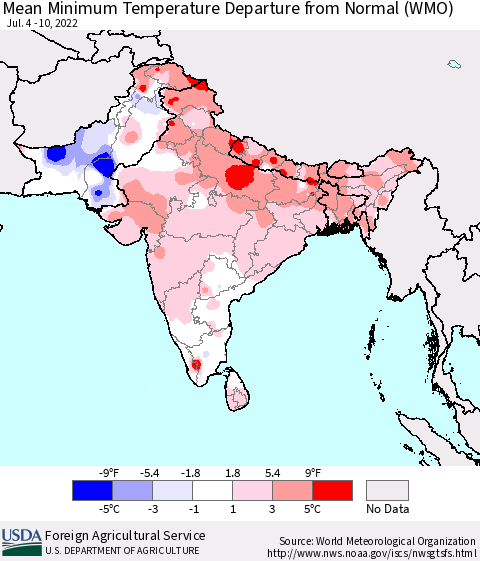Southern Asia Mean Minimum Temperature Departure from Normal (WMO) Thematic Map For 7/4/2022 - 7/10/2022