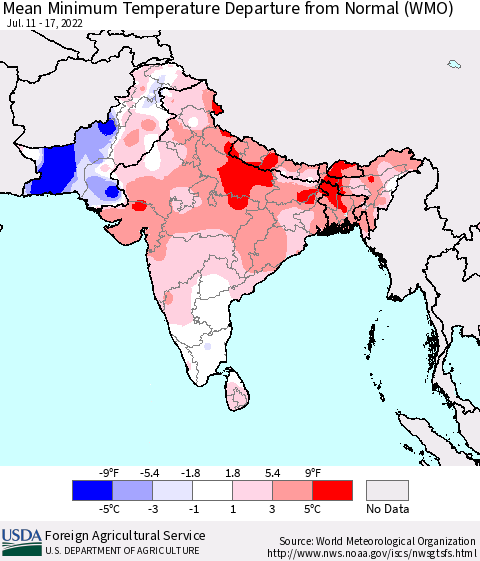 Southern Asia Minimum Temperature Departure From Normal (WMO) Thematic Map For 7/11/2022 - 7/17/2022