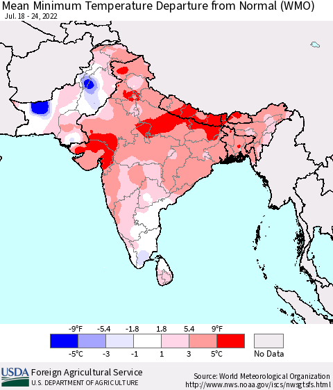 Southern Asia Mean Minimum Temperature Departure from Normal (WMO) Thematic Map For 7/18/2022 - 7/24/2022