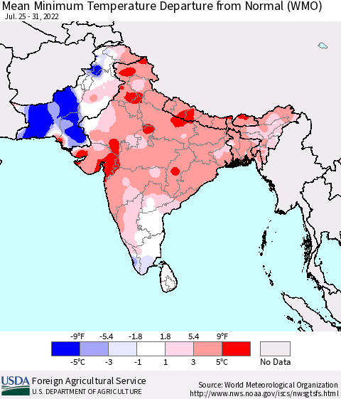 Southern Asia Minimum Temperature Departure From Normal (WMO) Thematic Map For 7/25/2022 - 7/31/2022