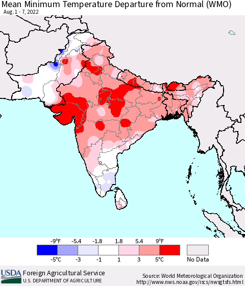 Southern Asia Mean Minimum Temperature Departure from Normal (WMO) Thematic Map For 8/1/2022 - 8/7/2022