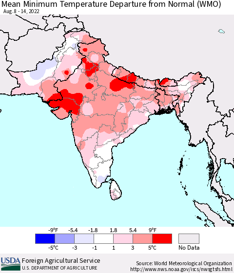 Southern Asia Mean Minimum Temperature Departure from Normal (WMO) Thematic Map For 8/8/2022 - 8/14/2022