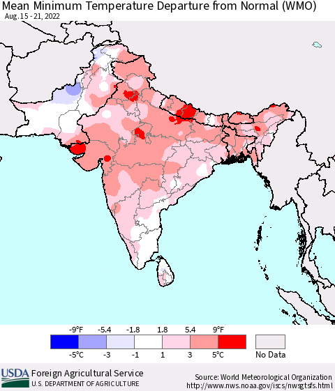 Southern Asia Mean Minimum Temperature Departure from Normal (WMO) Thematic Map For 8/15/2022 - 8/21/2022
