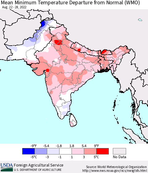 Southern Asia Mean Minimum Temperature Departure from Normal (WMO) Thematic Map For 8/22/2022 - 8/28/2022