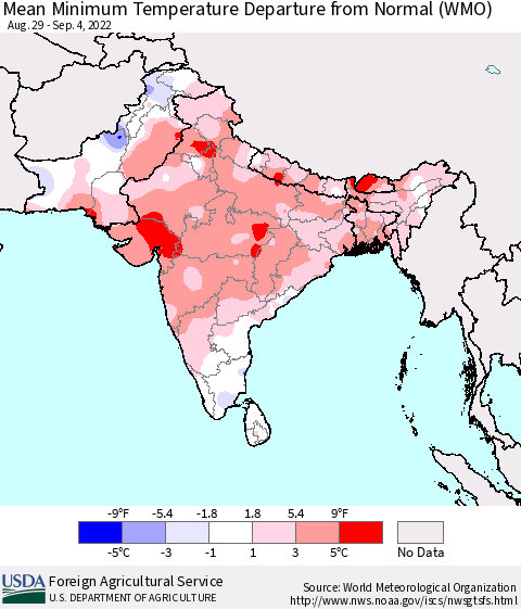 Southern Asia Mean Minimum Temperature Departure from Normal (WMO) Thematic Map For 8/29/2022 - 9/4/2022