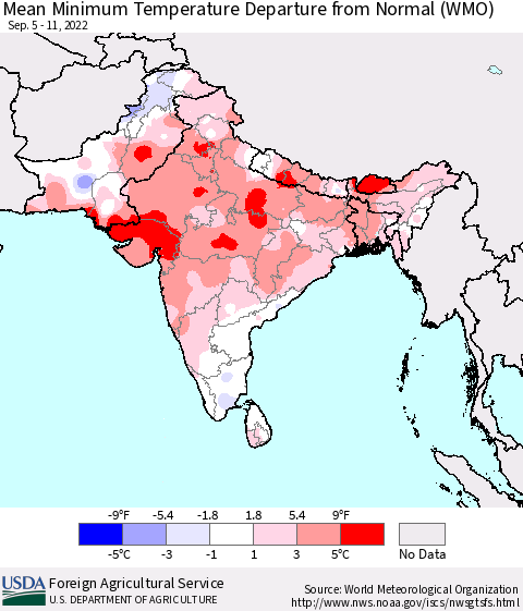 Southern Asia Mean Minimum Temperature Departure from Normal (WMO) Thematic Map For 9/5/2022 - 9/11/2022