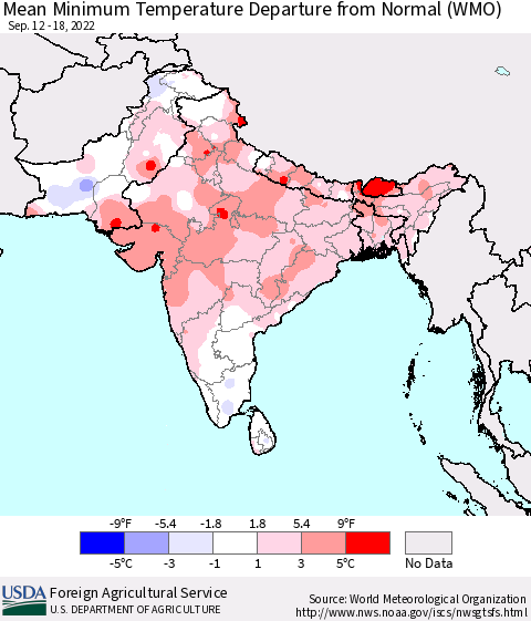 Southern Asia Mean Minimum Temperature Departure from Normal (WMO) Thematic Map For 9/12/2022 - 9/18/2022