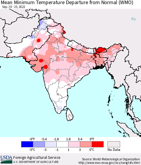 Southern Asia Mean Minimum Temperature Departure from Normal (WMO) Thematic Map For 9/19/2022 - 9/25/2022