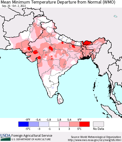 Southern Asia Mean Minimum Temperature Departure from Normal (WMO) Thematic Map For 9/26/2022 - 10/2/2022