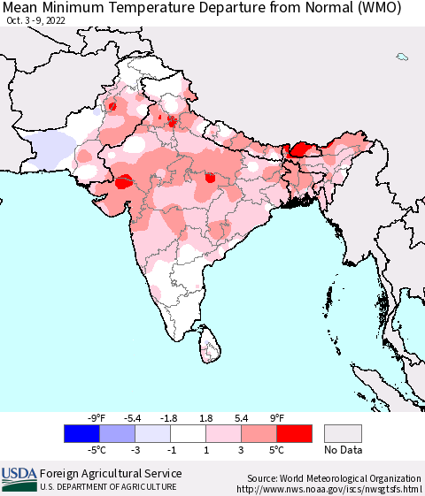 Southern Asia Mean Minimum Temperature Departure from Normal (WMO) Thematic Map For 10/3/2022 - 10/9/2022