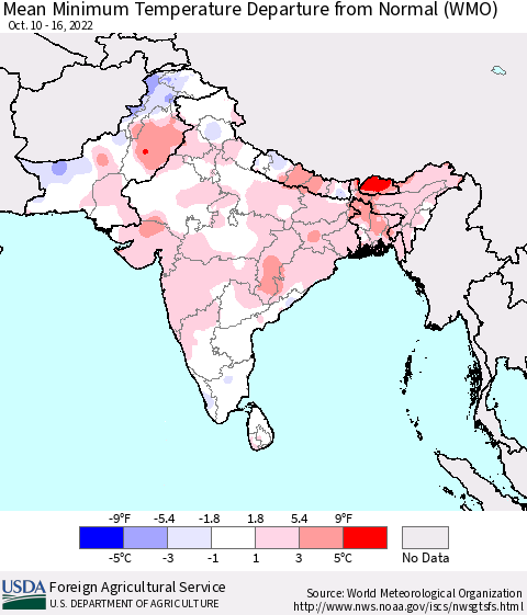 Southern Asia Mean Minimum Temperature Departure from Normal (WMO) Thematic Map For 10/10/2022 - 10/16/2022