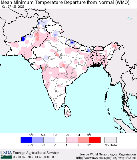 Southern Asia Mean Minimum Temperature Departure from Normal (WMO) Thematic Map For 10/17/2022 - 10/23/2022