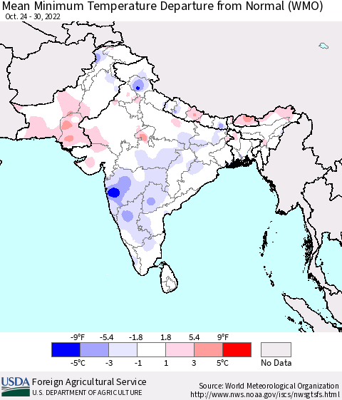 Southern Asia Mean Minimum Temperature Departure from Normal (WMO) Thematic Map For 10/24/2022 - 10/30/2022