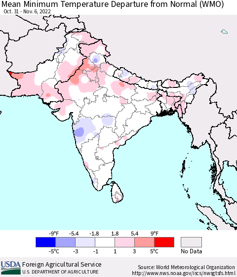 Southern Asia Mean Minimum Temperature Departure from Normal (WMO) Thematic Map For 10/31/2022 - 11/6/2022