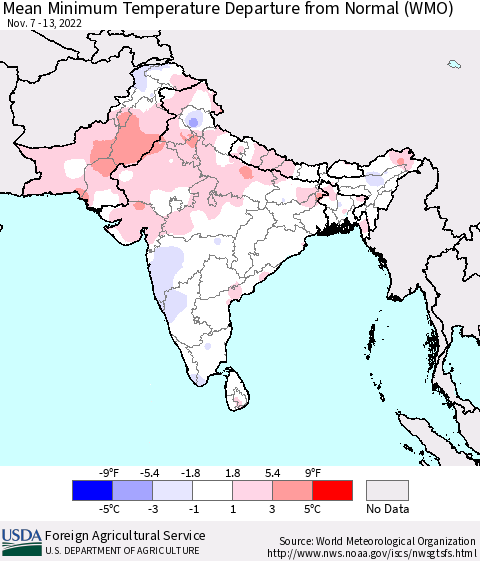 Southern Asia Mean Minimum Temperature Departure from Normal (WMO) Thematic Map For 11/7/2022 - 11/13/2022