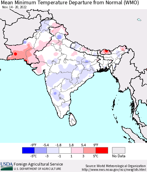 Southern Asia Mean Minimum Temperature Departure from Normal (WMO) Thematic Map For 11/14/2022 - 11/20/2022