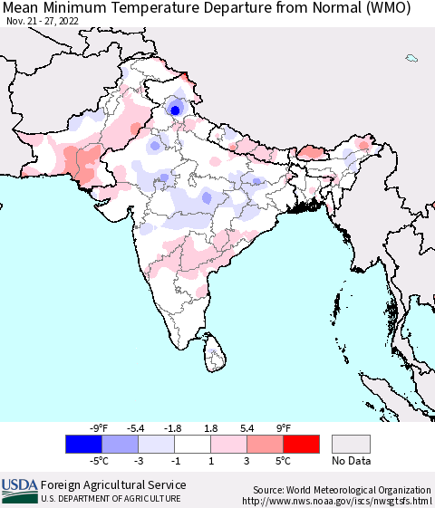 Southern Asia Mean Minimum Temperature Departure from Normal (WMO) Thematic Map For 11/21/2022 - 11/27/2022