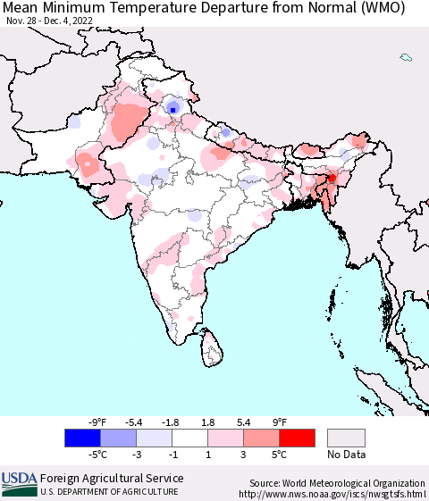 Southern Asia Mean Minimum Temperature Departure from Normal (WMO) Thematic Map For 11/28/2022 - 12/4/2022
