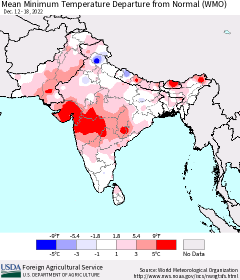 Southern Asia Mean Minimum Temperature Departure from Normal (WMO) Thematic Map For 12/12/2022 - 12/18/2022