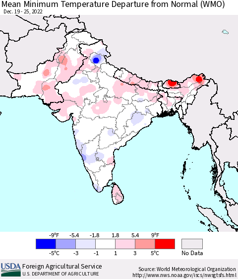 Southern Asia Mean Minimum Temperature Departure from Normal (WMO) Thematic Map For 12/19/2022 - 12/25/2022