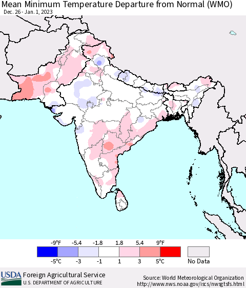 Southern Asia Mean Minimum Temperature Departure from Normal (WMO) Thematic Map For 12/26/2022 - 1/1/2023