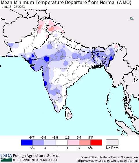 Southern Asia Mean Minimum Temperature Departure from Normal (WMO) Thematic Map For 1/16/2023 - 1/22/2023