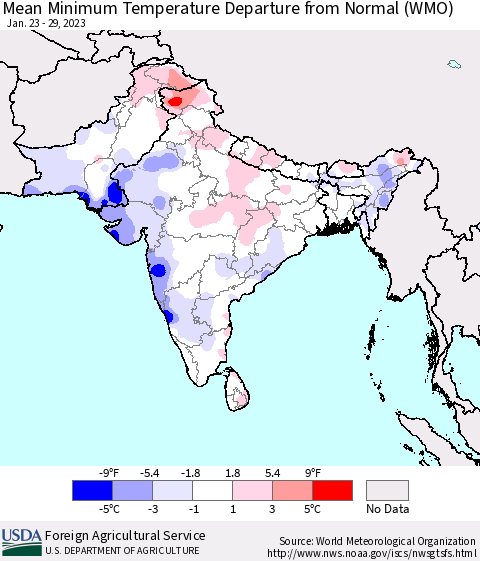 Southern Asia Mean Minimum Temperature Departure from Normal (WMO) Thematic Map For 1/23/2023 - 1/29/2023