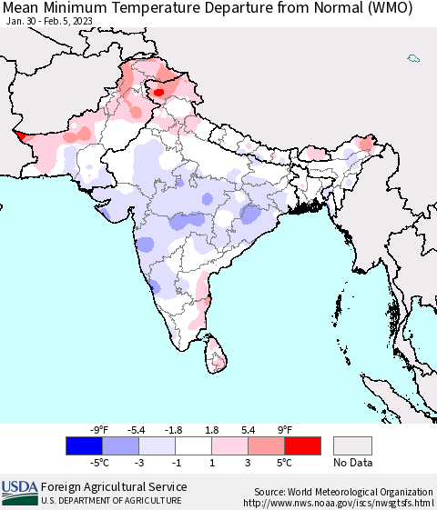 Southern Asia Mean Minimum Temperature Departure from Normal (WMO) Thematic Map For 1/30/2023 - 2/5/2023