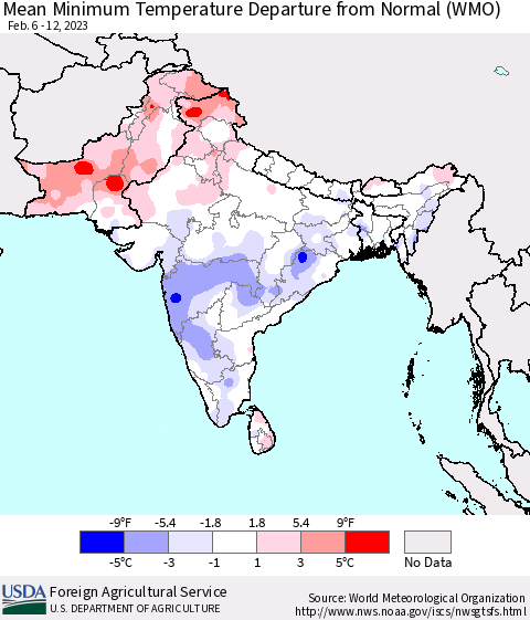 Southern Asia Mean Minimum Temperature Departure from Normal (WMO) Thematic Map For 2/6/2023 - 2/12/2023