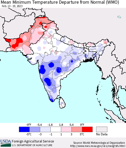Southern Asia Mean Minimum Temperature Departure from Normal (WMO) Thematic Map For 2/13/2023 - 2/19/2023