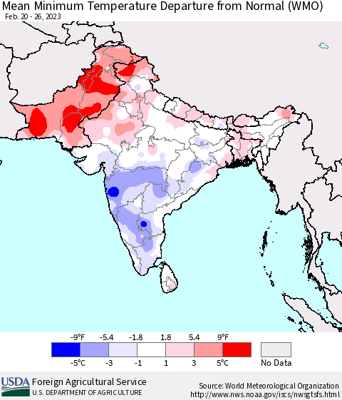 Southern Asia Mean Minimum Temperature Departure from Normal (WMO) Thematic Map For 2/20/2023 - 2/26/2023