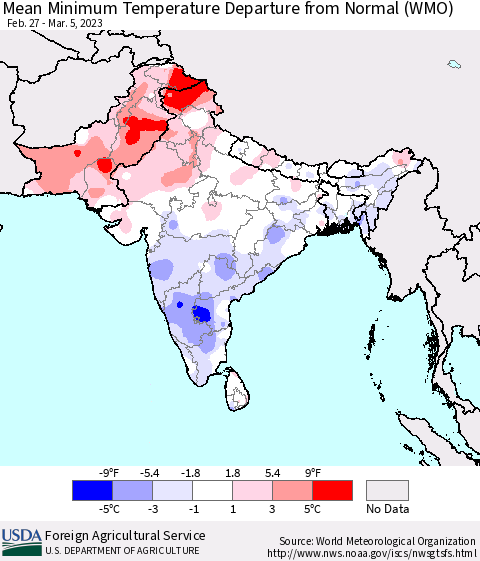 Southern Asia Mean Minimum Temperature Departure from Normal (WMO) Thematic Map For 2/27/2023 - 3/5/2023