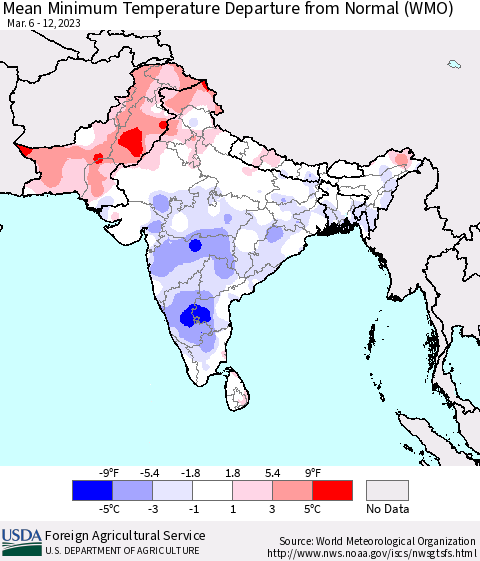 Southern Asia Mean Minimum Temperature Departure from Normal (WMO) Thematic Map For 3/6/2023 - 3/12/2023