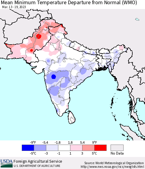 Southern Asia Mean Minimum Temperature Departure from Normal (WMO) Thematic Map For 3/13/2023 - 3/19/2023
