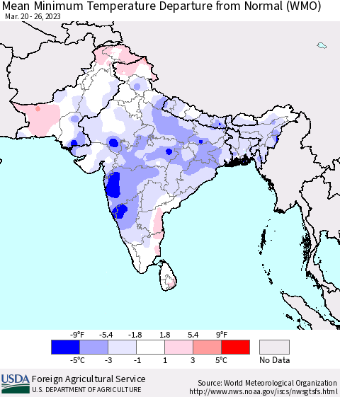 Southern Asia Mean Minimum Temperature Departure from Normal (WMO) Thematic Map For 3/20/2023 - 3/26/2023