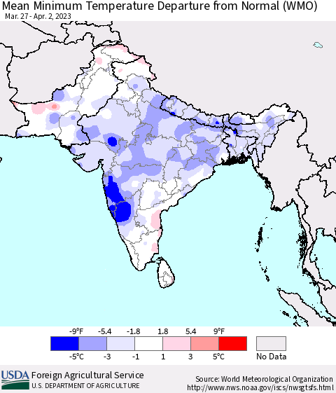 Southern Asia Mean Minimum Temperature Departure from Normal (WMO) Thematic Map For 3/27/2023 - 4/2/2023
