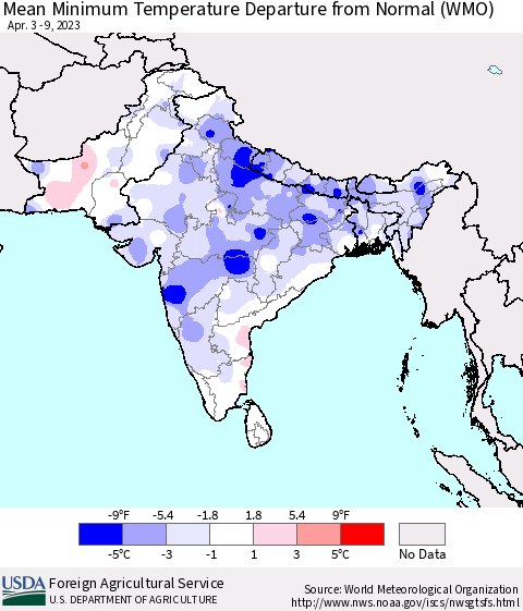 Southern Asia Mean Minimum Temperature Departure from Normal (WMO) Thematic Map For 4/3/2023 - 4/9/2023