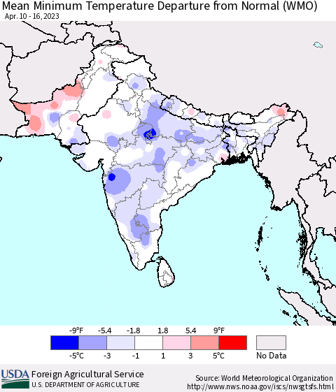 Southern Asia Mean Minimum Temperature Departure from Normal (WMO) Thematic Map For 4/10/2023 - 4/16/2023